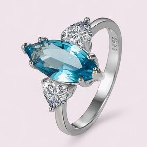 925 Sterling Silver Blue Aquamarine Marquise Cut Vintage Design Ring
